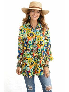 Boho Chic Multicolor Linen Abstract Circle Print Artsy Lagenlook Shirt Women XL